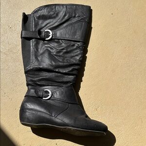 Avenue Sleek Black Heeled Boots with Silver Buckles